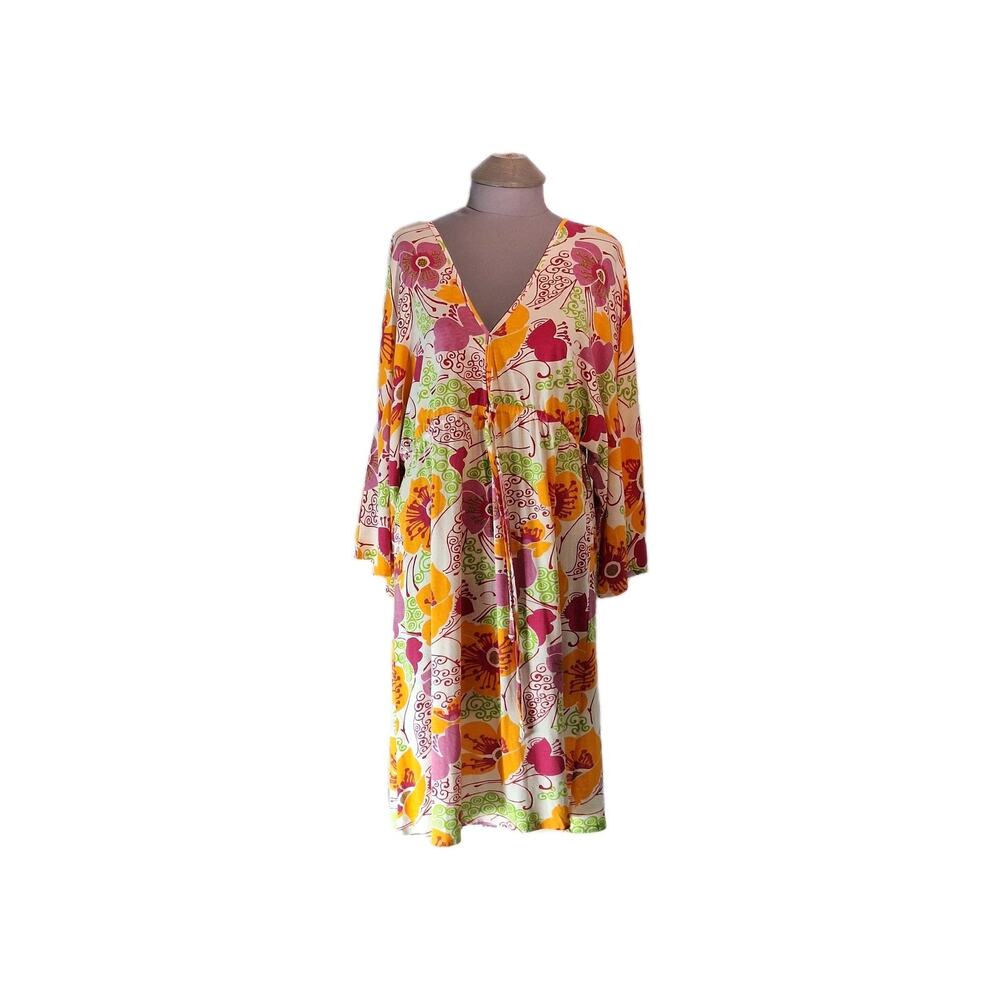 Pine Cone Hill " Fine Linens" Size M/L Short Sleeve Floral Print Dress V Neck
